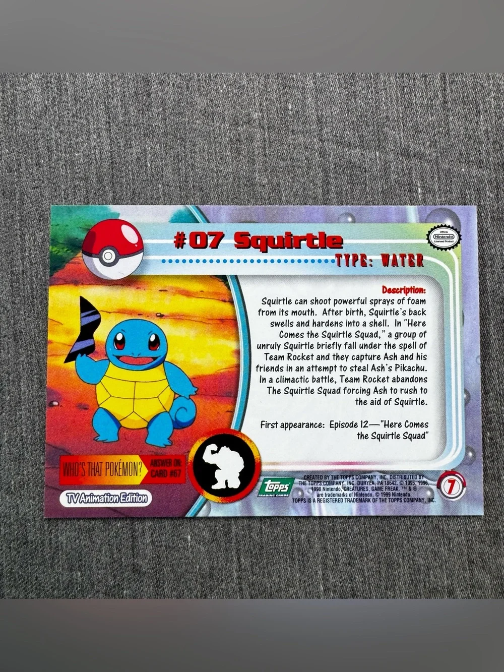 1999 Topps Pokemon TV Animation Edition #07 Squirtle Vintage Card Near Mint